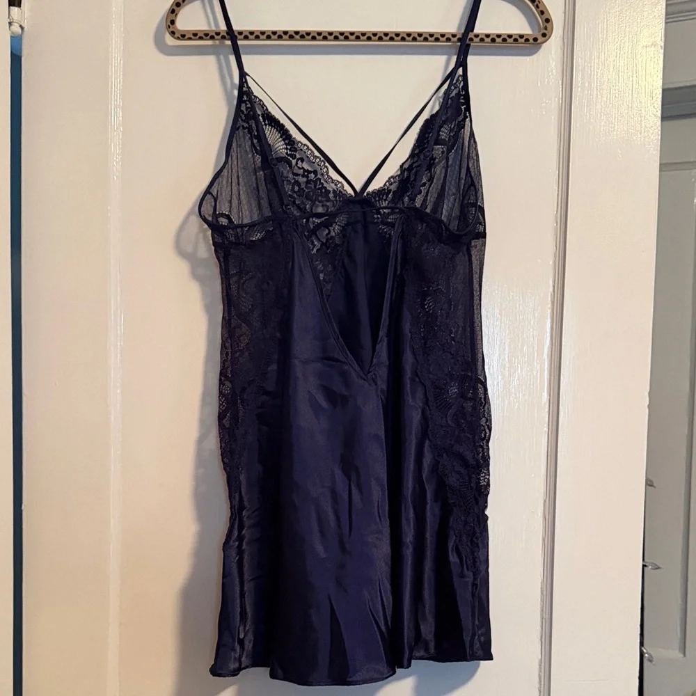 Navy Satin Lace-Trim Kimono Robe - Women's Chemise